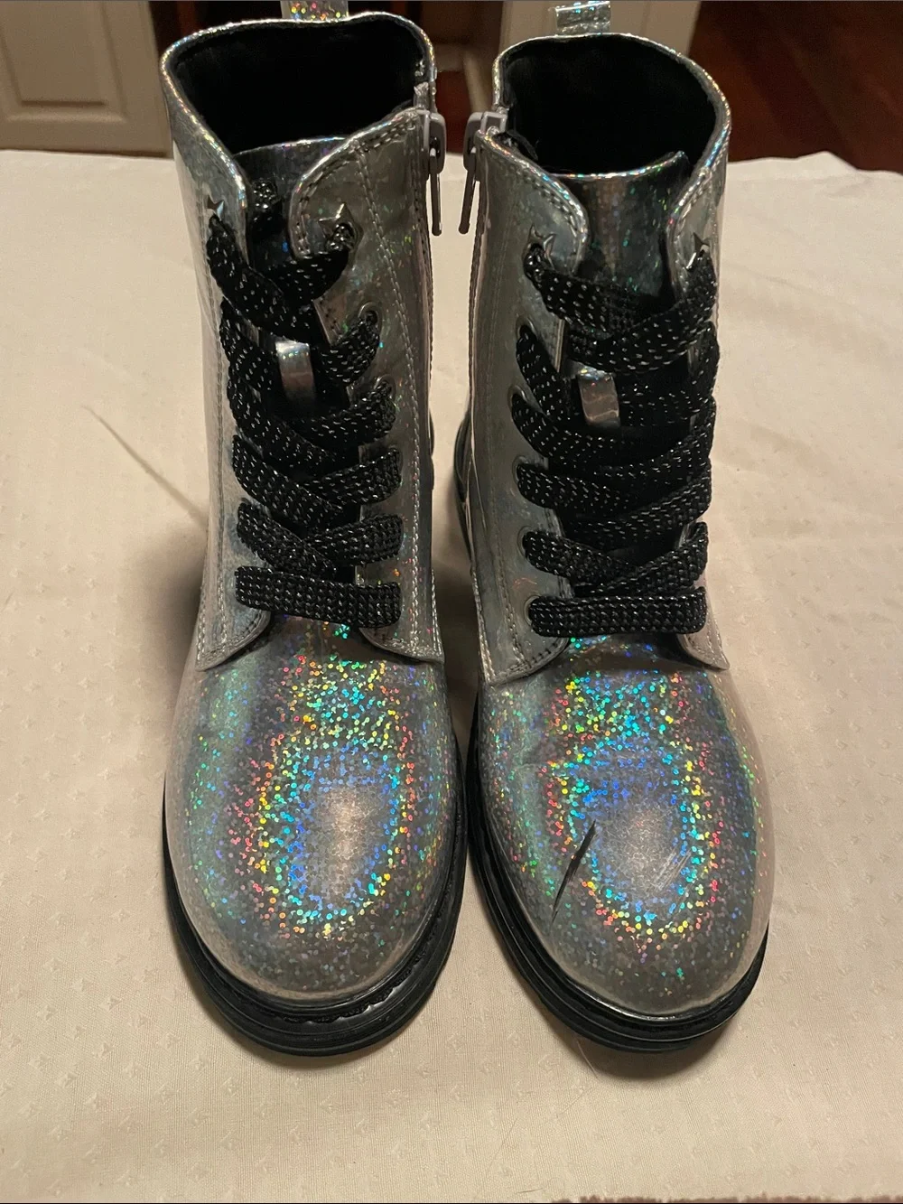 Kids Holographic Silver Sparklr Lace-Up and Zip Boots.